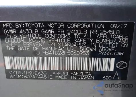 2017 Lexus Is 200T из США, поврежденный, VIN JTHBA1D28H5060953